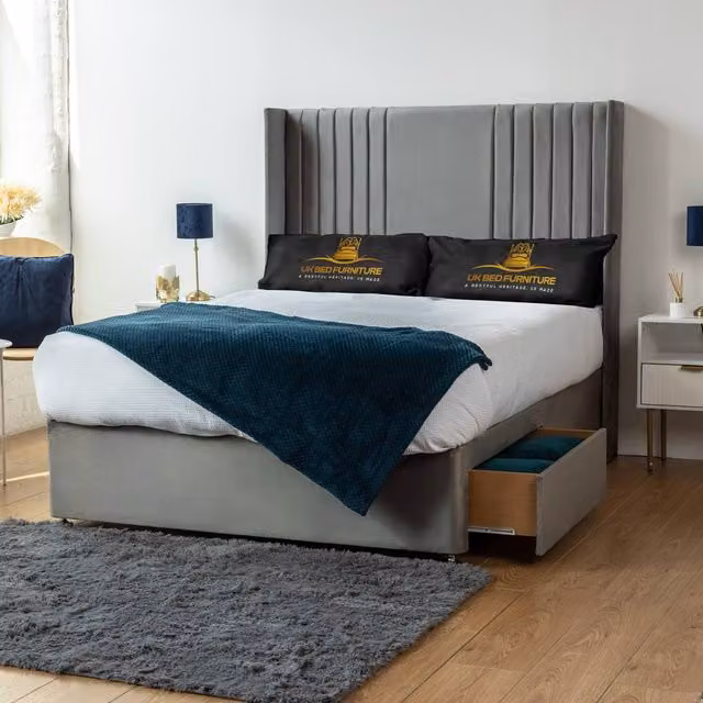 UK Bed Furniture Skyline Wingback Divan Bed with 2 Drawers and 54 Headboard in Grey, Size: 180 x 200 cm