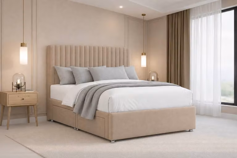 Nexus Mattresses Ltd Amalfi Plush Divan Bed Base with 54 inch Headboard in Sand Beige, Super King, W/D/H: 160 x 200 cm