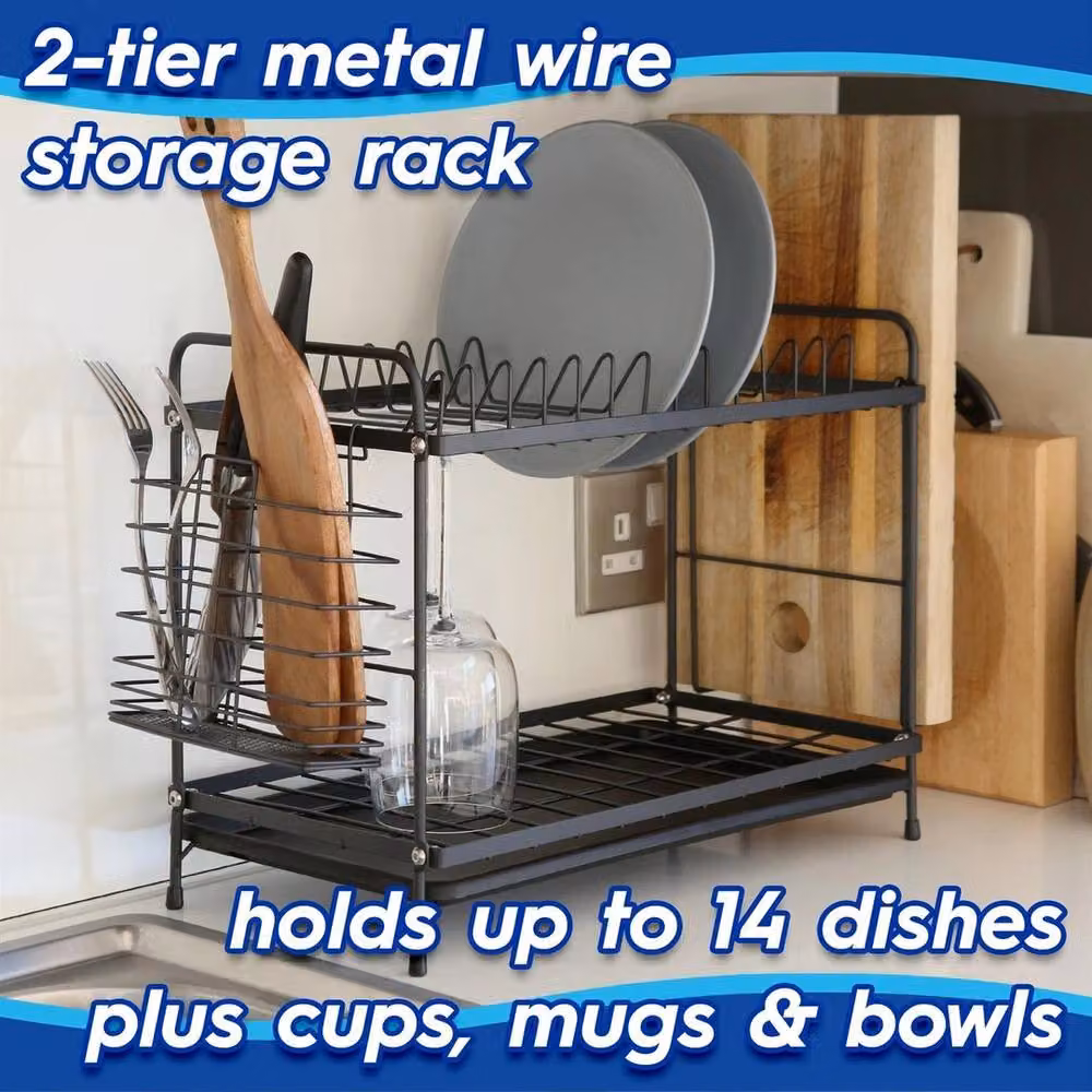 NESTLUNE Metal 2-Tier Dish Drainer Rack with Drip Tray and Cutlery Holder, Black, W: 30 cm, D: 15 cm, H: 15 cm – 5