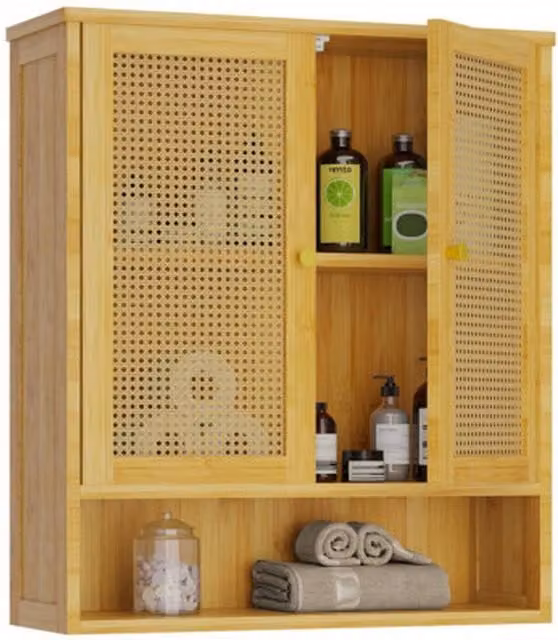 NESTLUNE Scandinavian Wall Mounted Bathroom and Kitchen Cabinet with 2 Natural Rattan Wood Doors