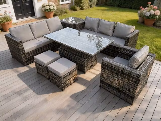 Fimous 9 Seater Dark Grey Rattan Outdoor Sofa Set with Adjustable Side Tables, Chairs, and Ottomans – 1