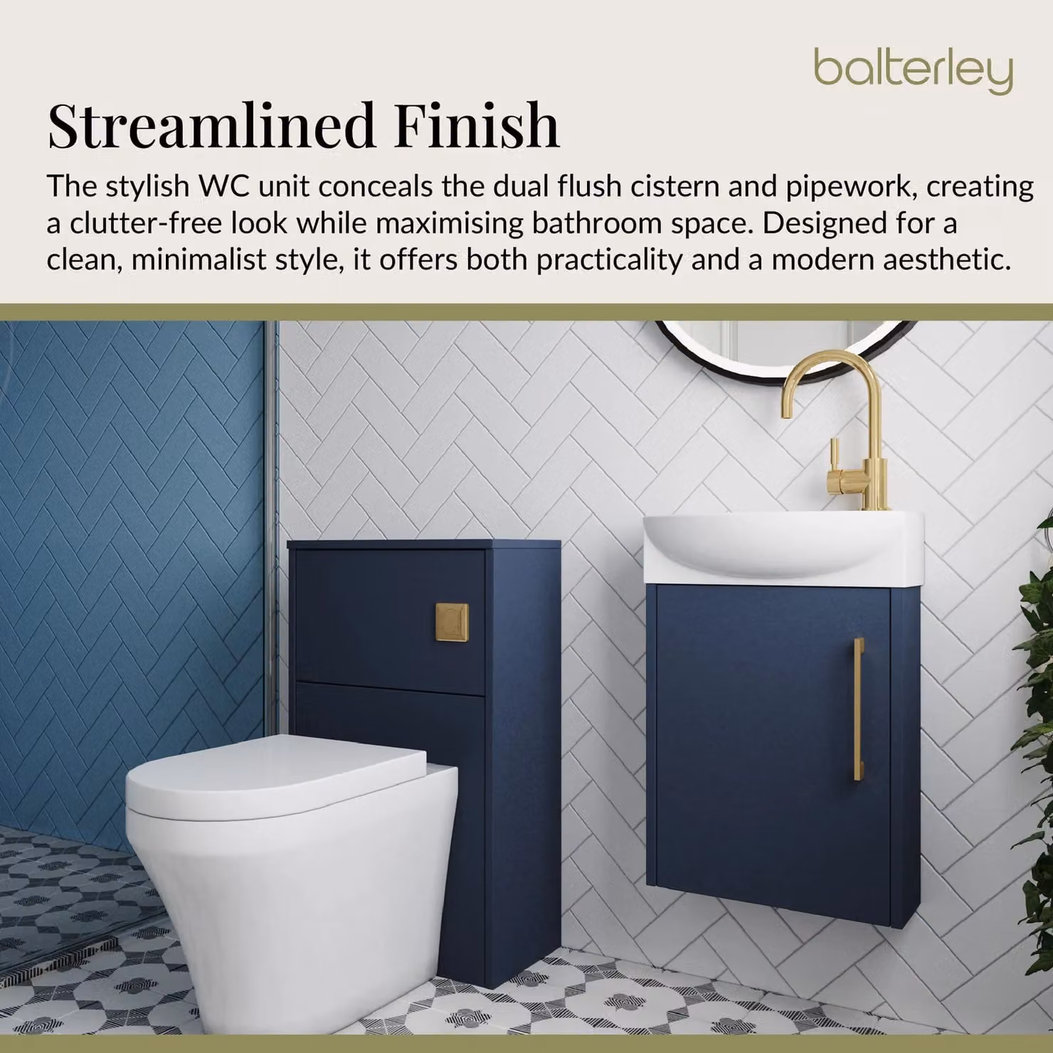 Balterley Left Hand Cloakroom Suite with Grey Vanity, WC, Tap Set and Blue Brass Details, Width: 44 cm – 3