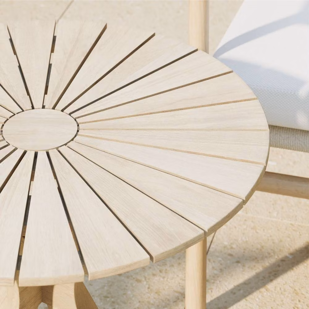 Charles Bentley FSC Acacia and Weave 2 Seater Outdoor Bistro Set with Round Coffee Table and Cream Cushions in Natural Finish – 2