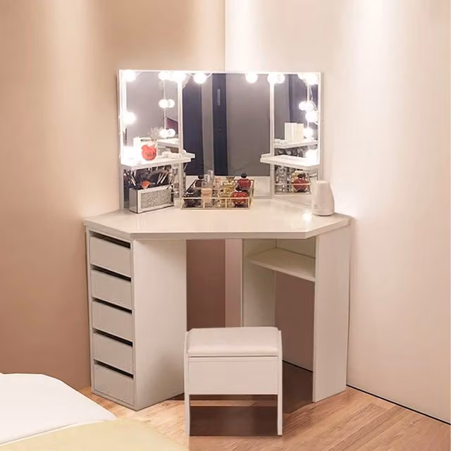 Kosy Koala Modern White Corner Mirrored LED Dressing Table with Stool