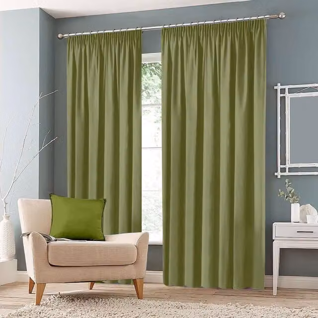 Roseley Plain Blackout Pencil Pleat Fabric Curtains in Green