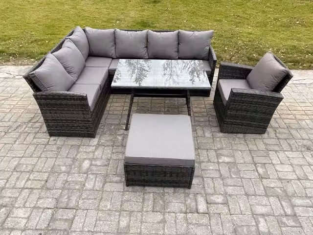 Fimous Dark Grey Rattan Garden Furniture Set with Corner Sofa, Dining Table and Armchair