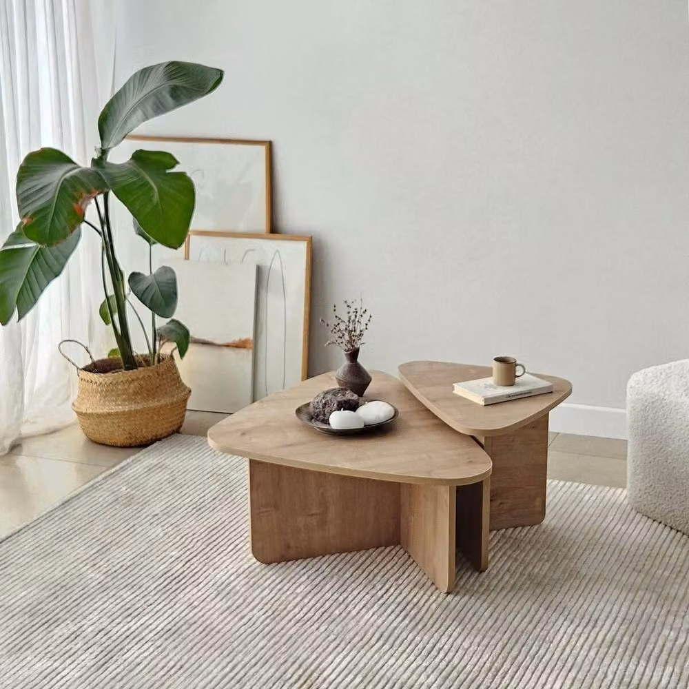 CALICOSY Set of 2 Triangular Coffee Tables with Rounded Edges in Light Oak, W/D/H: 90 x 60 x 35 cm – 2