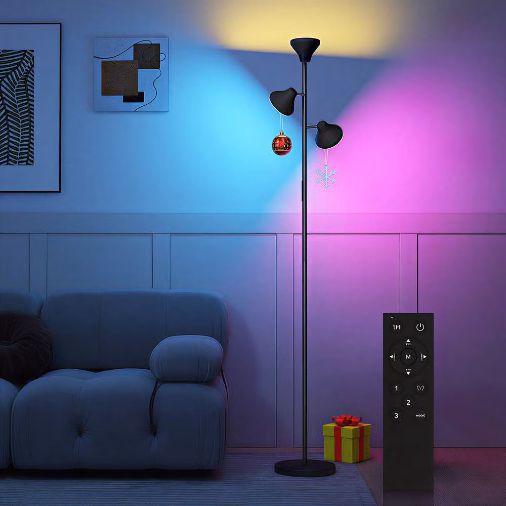 HOMCOM Modern RGBW Floor Lamp with 3 Rotatable Heads and Timer, Black – 2