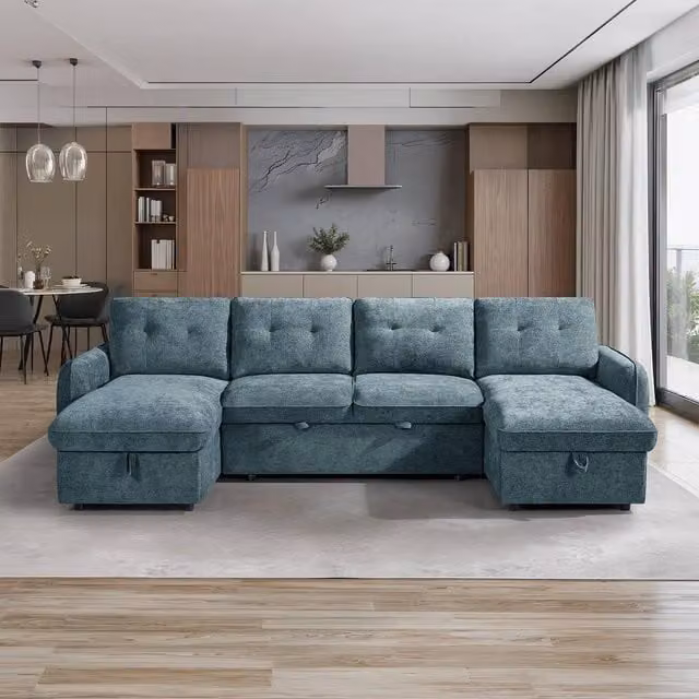 Furnishings For Less UK Seattle U Shaped 5 Seater Fabric Corner Sofa Bed in Blue