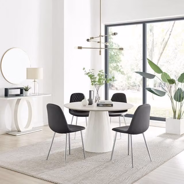 Furniturebox Palma Beige Stone Effect Round Dining Table and 4 Corona Silver Chairs in Black