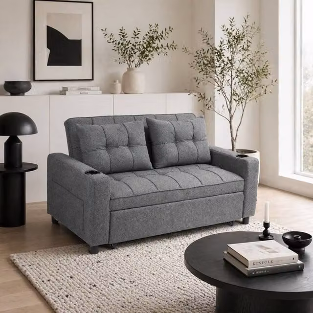 Wyld Haus Rireel Diha 2 Seater Pull Out Sofa Bed in Charcoal Grey with Cup Holders, W/D/H: 157 x 91 x 91 cm