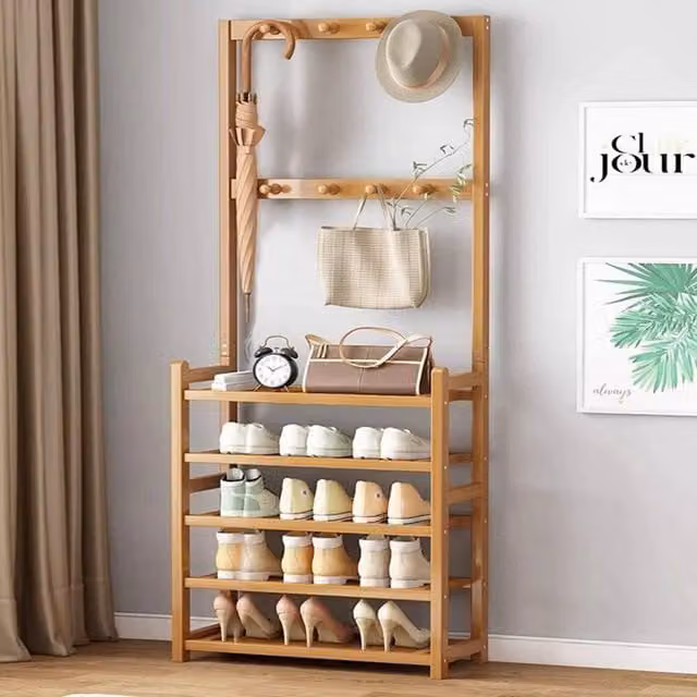 Kelvenix Vintage Wooden Hall Tree with Bench and 5-Tier Shoe Rack in Sand – 1