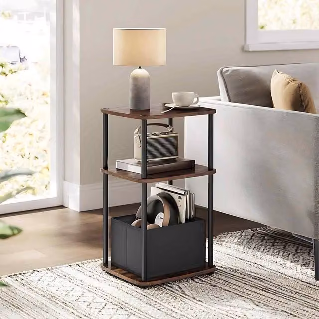 The Bazaarist 3 Tier Side Table with Fabric Basket in Walnut Brown – 1