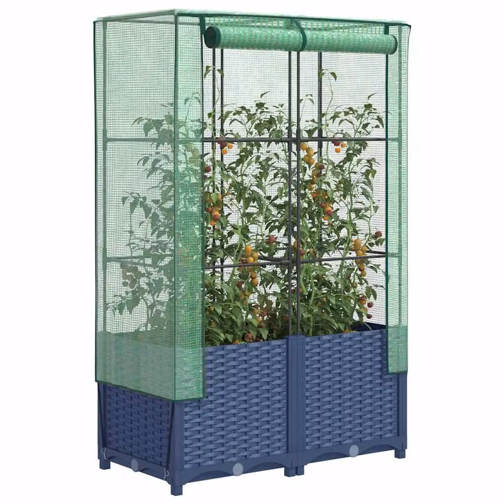 Berkfield Home Raised Bed with Greenhouse Cover in Navy Rattan Look, W/D/H: 80 x 40 x 138 cm – 2