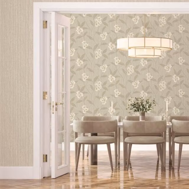 Belgravia Decor Giovanna Floral Botanical Vinyl Wallpaper in Beige, Grey and Blue