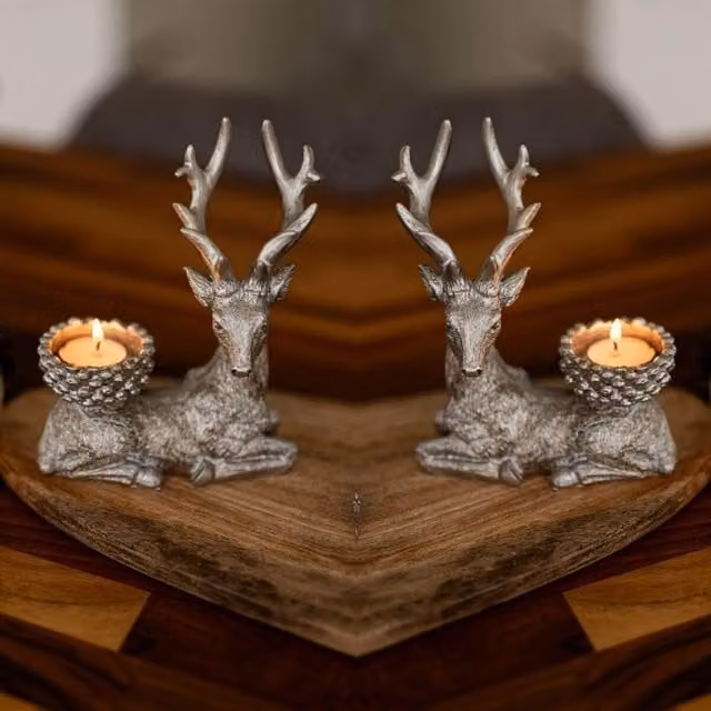 Marco Paul Silver Stag Christmas Tea Light Candle Holder Set, 2 Piece