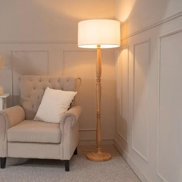 ValueLights Classic Wood Floor Lamp with White Fabric Cylinder Shade – 1