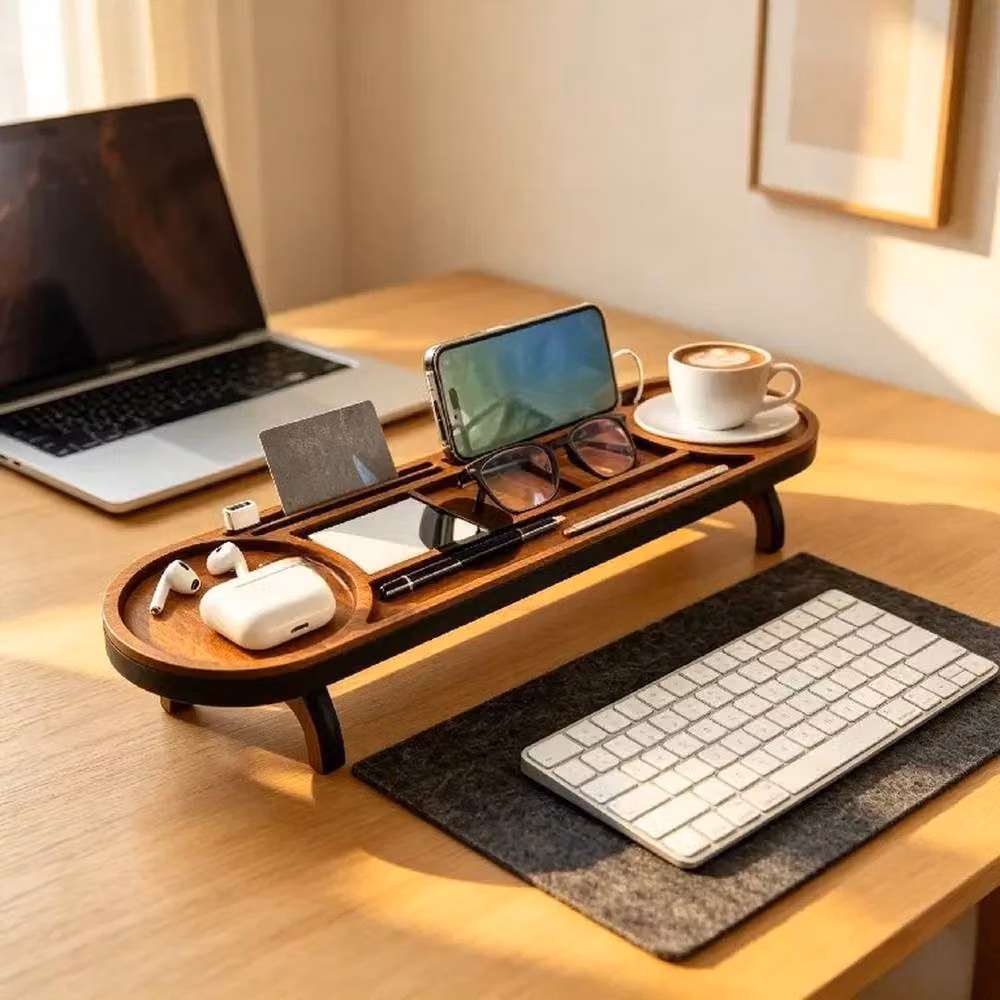 PAWNORA Multi-Compartment Solid Wood Desk Organiser Tray in Brown – 3