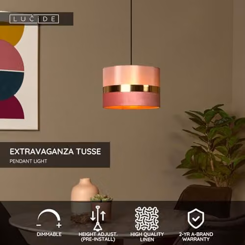 Lucide Netlighting Extravaganza Tusse Retro Pink Fabric and Metal Pendant Light, Diameter: 30 cm, H x W x D: 152.5 x 30 x 30 cm – 2