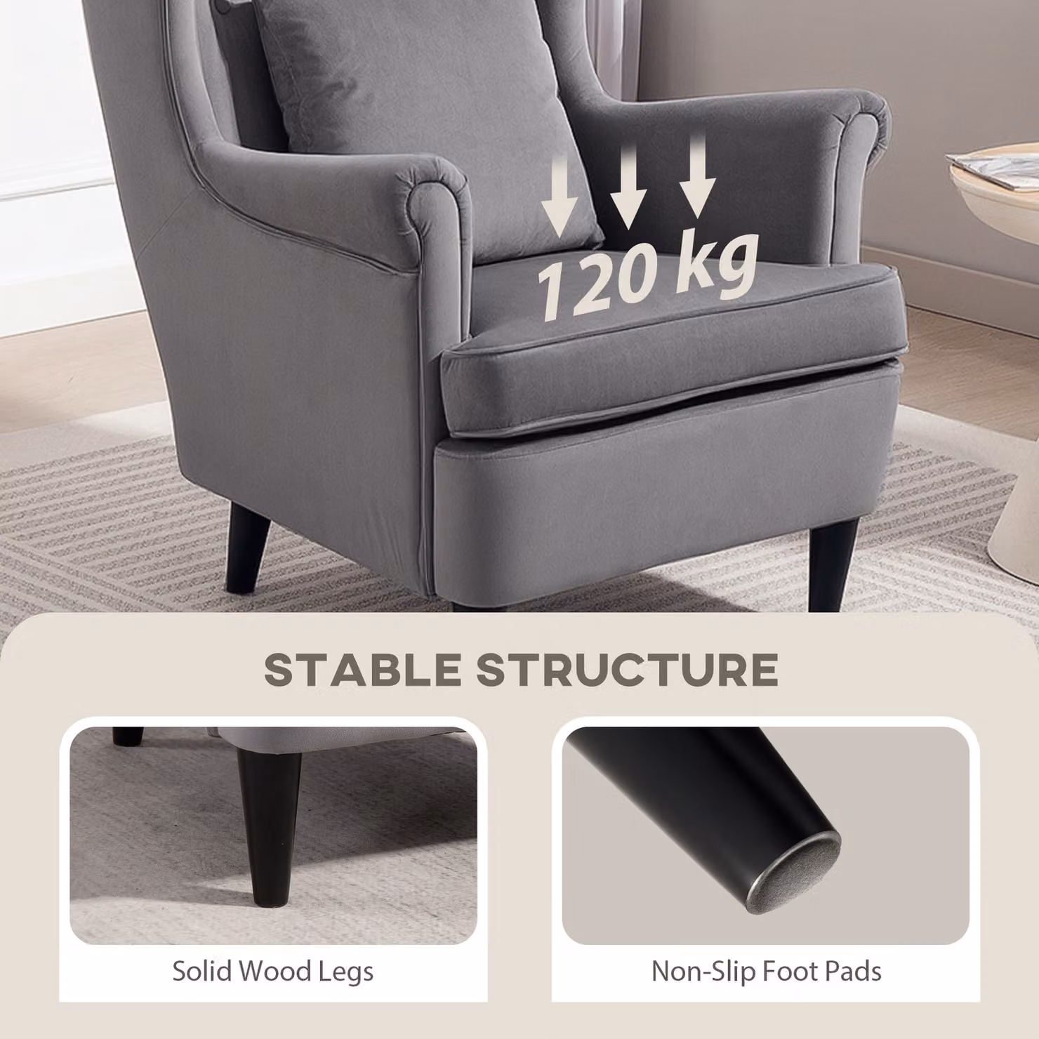HOMCOM Dark Grey Velvet Wingback Armchair with High Backrest, Pillow and Solid Wood Legs – 5