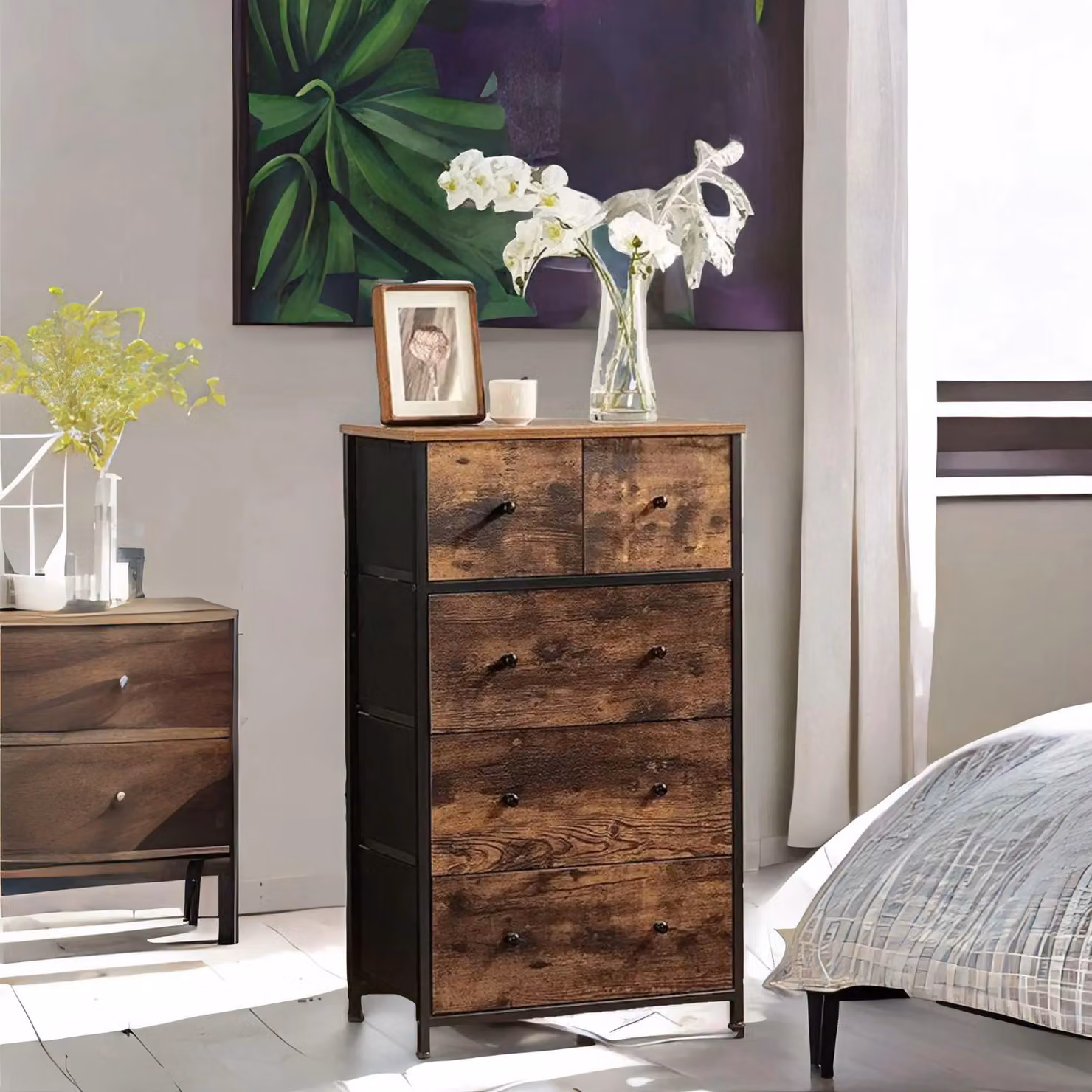 FURNOS 5 Drawer Fabric Bedroom Dresser Storage Organiser in Rustic Brown and Black – 2