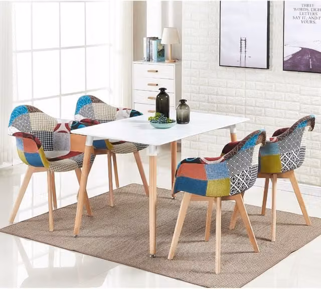 Life Interiors Patchwork Halo Dining Set with White Rectangular Wood Table and 4 Multicolour Fabric Chairs