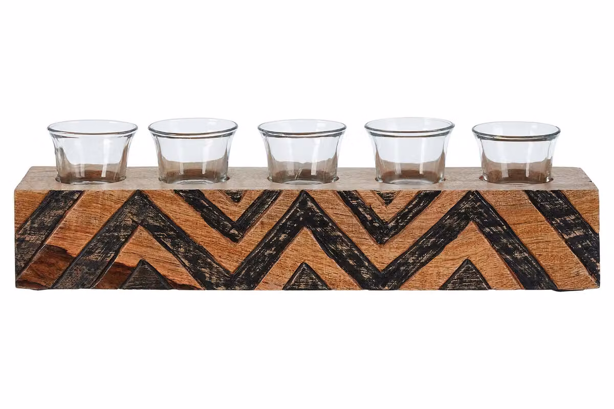 Orsina Bantu Tribal Geometric Wooden Tealight Holder in Brown and Black – 4