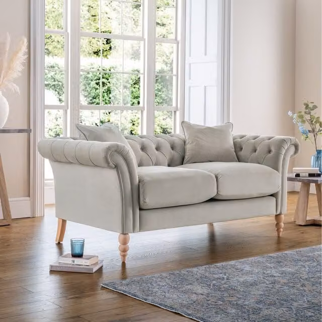 FurnitureboxUK Olivia 2 Seater Chesterfield Sofa in Ice Pale Grey Velvet with Feather Filling and Solid Wood Frame