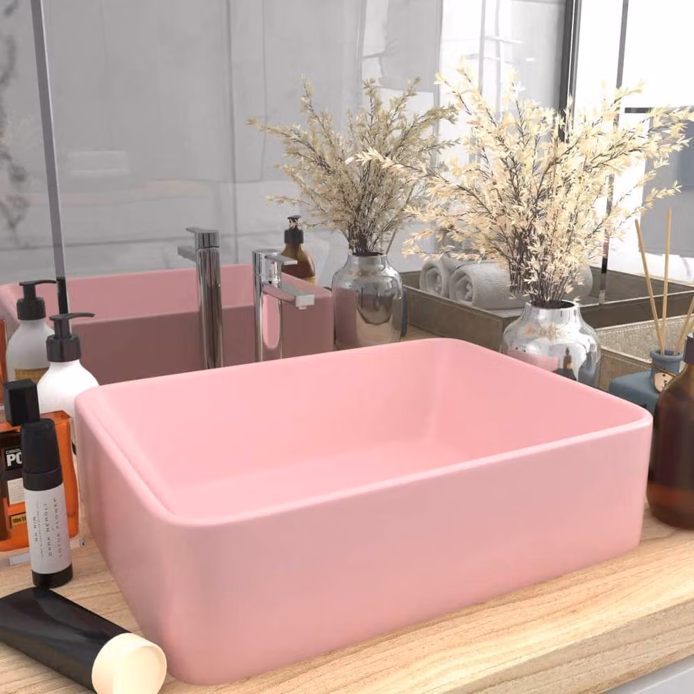 Berkfield Home Luxury Ceramic Rectangular Countertop Wash Basin in Matt Pink, W: 41 cm, D: 30 cm, H: 12 cm – 2