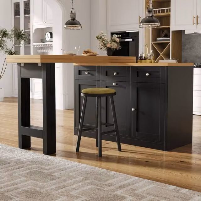 Merax Black Kitchen Island with Extendable Drop-Leaf Bar Dining Table and Trash Can Cabinet