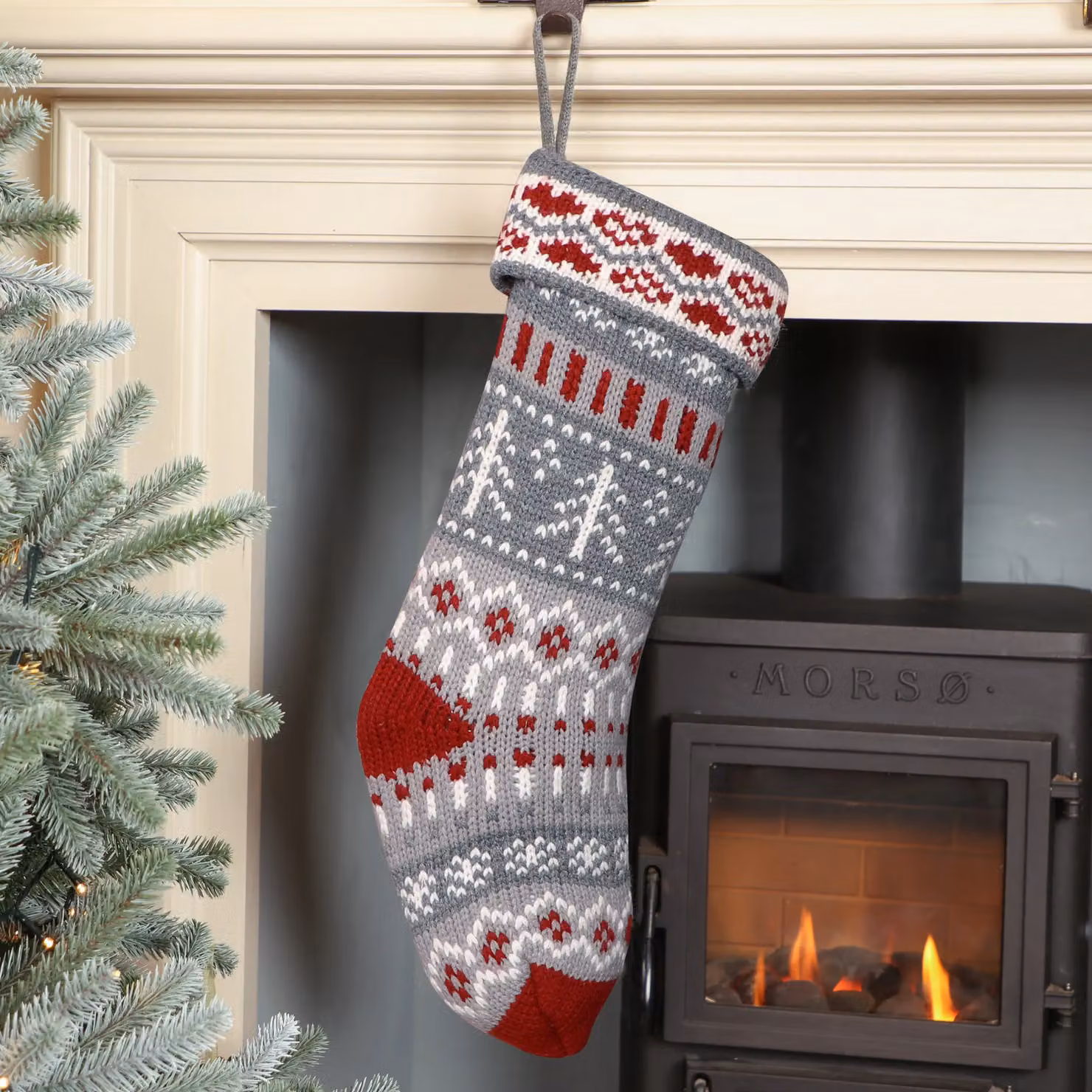 Dibor Set of 2 Grey and Red Fair Isle Nostalgia Knit Christmas Stockings – 2