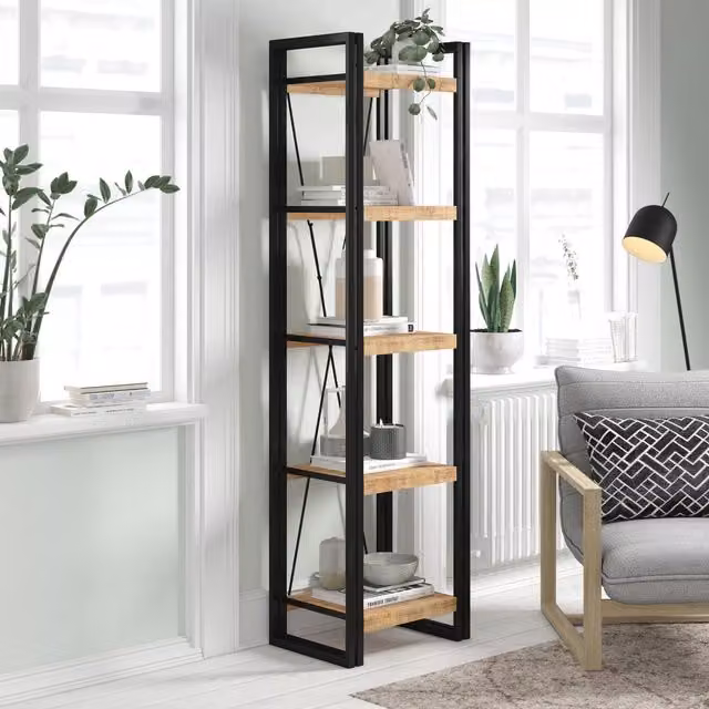 IH Design Industrial Mintis Narrow Open Bookcase in Brown and Black Wood and Metal