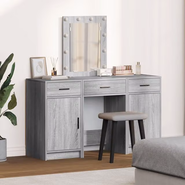 Berkfield Home 3 Piece Hollywood LED Dressing Table Set in Grey Sonoma Matt Engineered Wood – 1