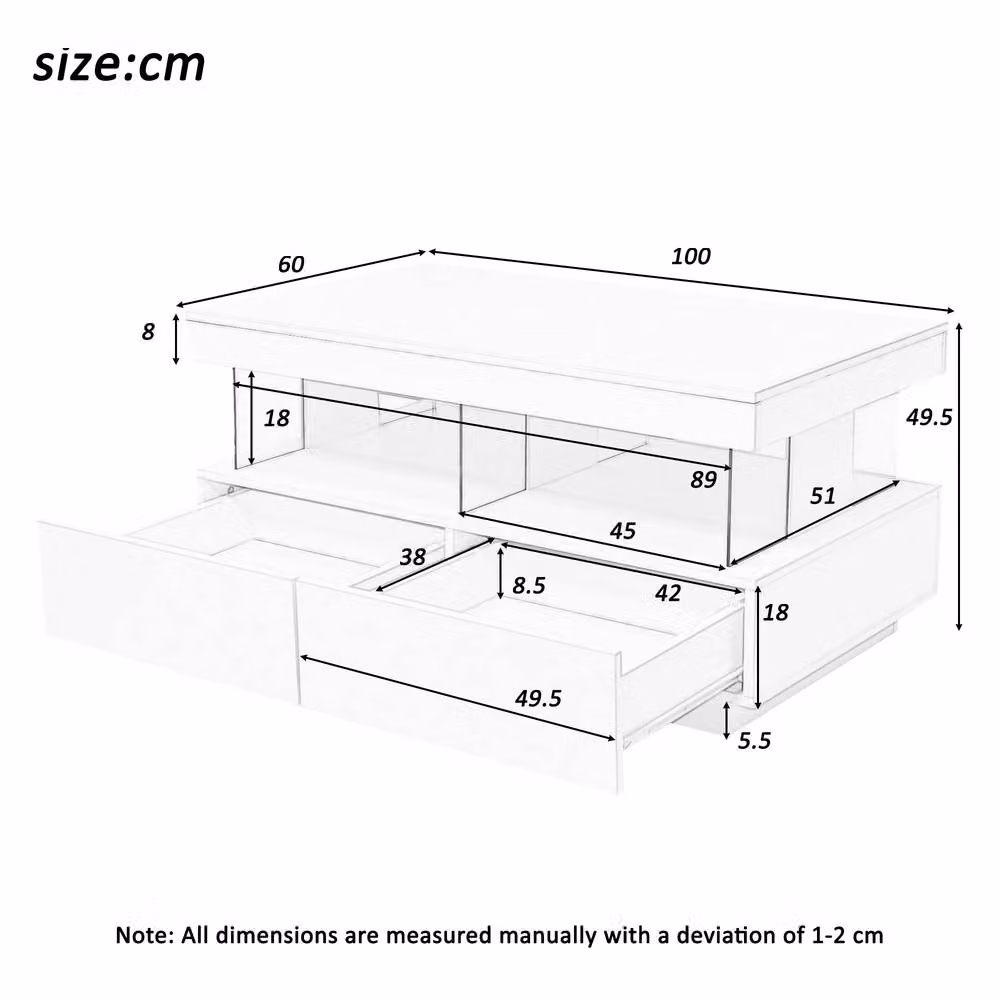 BTM High Gloss Coffee Table with LED Storage Drawers in Black, W: 60 cm, D: 49.5 cm, H: 35.76 cm – 3