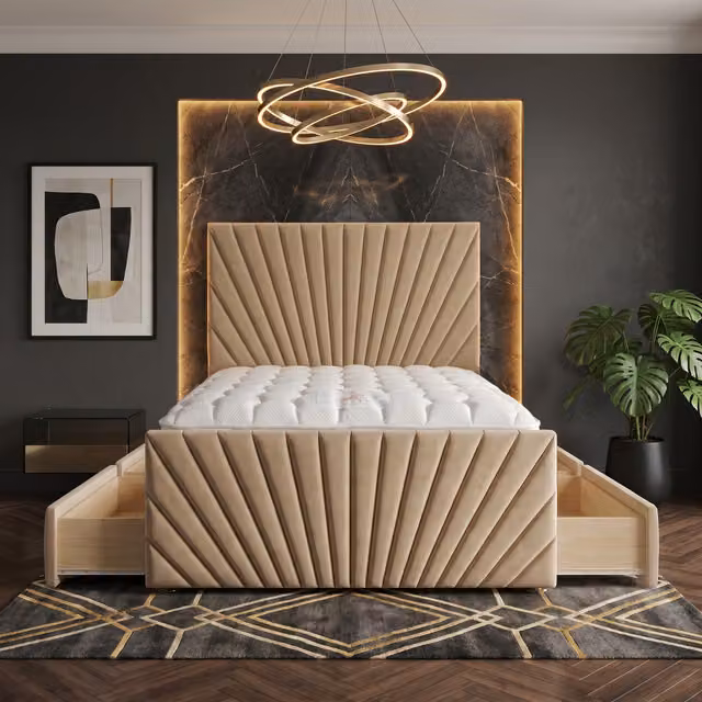 Somnior Beds Ltd Sunrise Velvet Divan Bed with Mattress and Drawers in Beige, W/D/H: 120 x 200 x 115 cm
