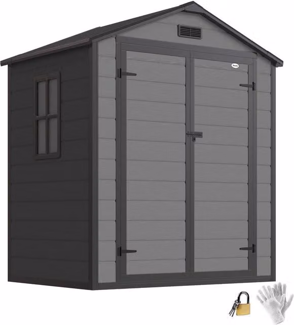 OUTSUNNY Plastic Garden Shed with Lockable Double Doors, Dark Grey, W: 182.88 cm, D: 134.0 cm, H: 210.0 cm – 1
