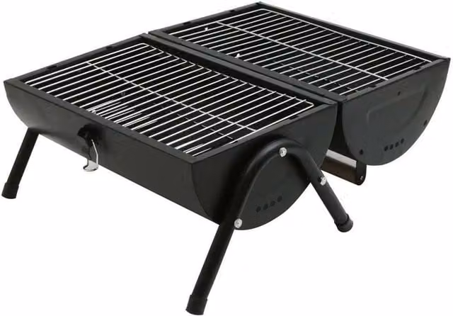 Nordara Portable Tabletop Charcoal Barrel Garden Camping Grill in Black with Stainless Steel and Wood Details