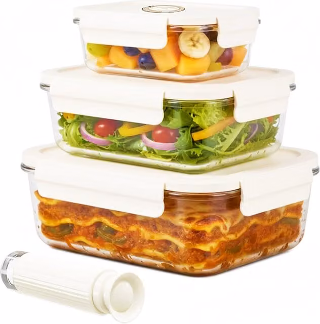 SPARES2GO Vacuum Glass Food Storage Container Set with Leakproof Lids and Seal Pump, White