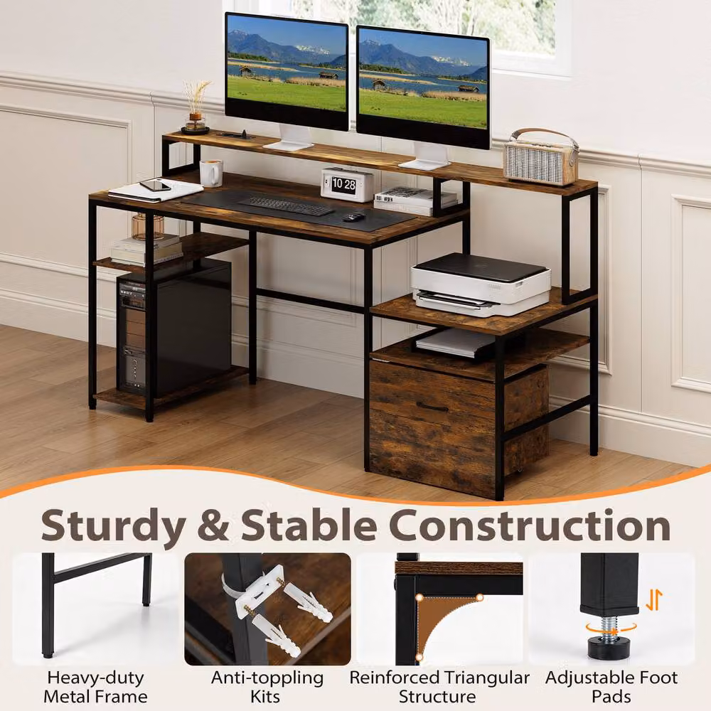Gymax Brown Industrial Computer Desk with Multi-tiered Serving Tiers and Charging Station – 6