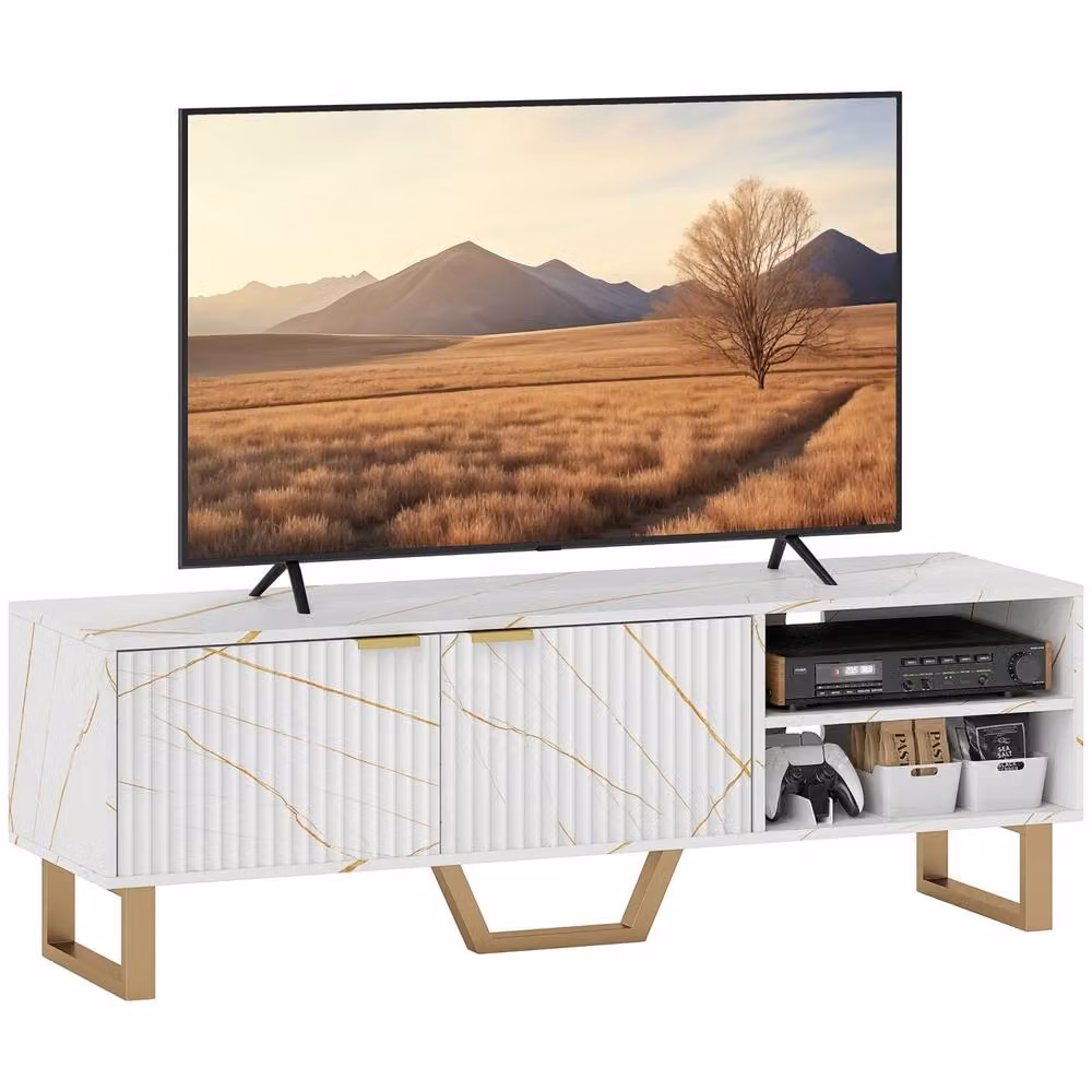 Wyld Haus Veriri TV Unit in White and Gold with Fluted Doors, Width: 140 cm – 2