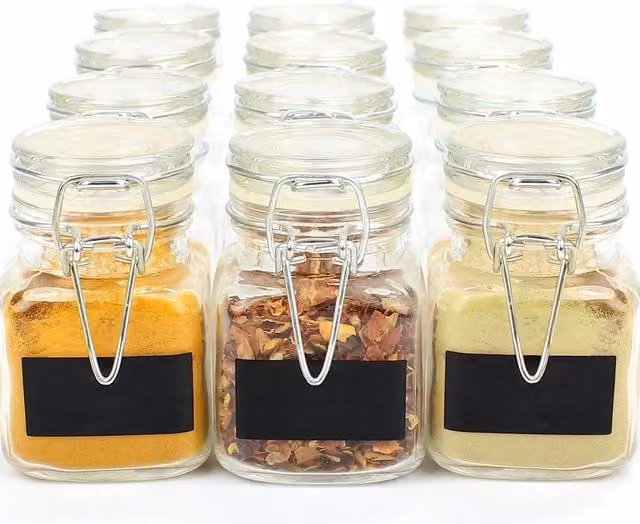 Maison & White Pack of 12 Leakproof Mini Glass Spice Jars with Metal Clip Lids in Transparent and White