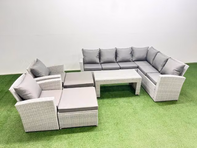 Fimous 7 Piece Rattan Outdoor Furniture Set with Sofa, Coffee Table and 2 Chairs in Light Grey