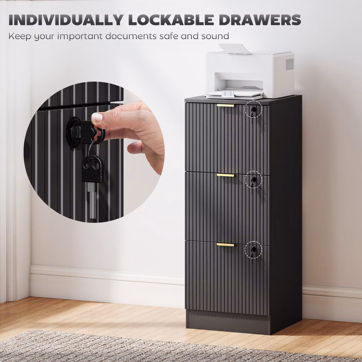 HOMCOM Black and Gold Fluted Vertical Filing Cabinet with 3 Lockable Drawers and Hanging Rails – 6