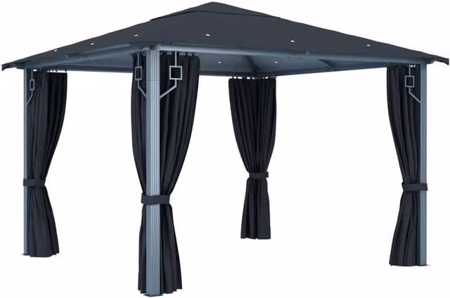 Berkfield Home Anthracite Aluminium Gazebo with Curtains and LED String Lights, W: 300 cm, D: 300 cm, H: 270 cm