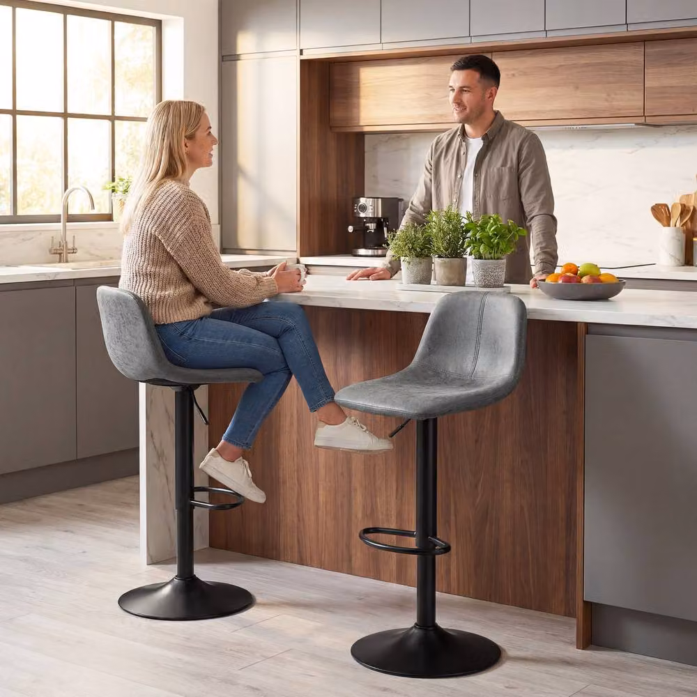 STILVORA Set of 2 Grey Synthetic Leather Bar Stools with Swivel and Adjustable Height – 3