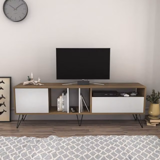 Decorotika Mistico Modern TV Unit in Walnut and White, W: 180.0 cm, D: 35.6 cm, H: 58.4 cm