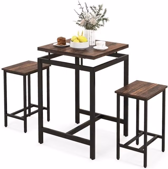 Costway Brown Wood Dining Table and 3 Chairs Set for Adults