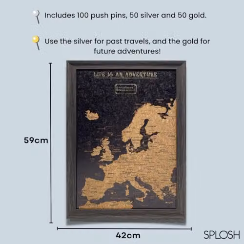 Splosh Small Europe Map Pin Board with Black Wooden Frame and 100 Pins – 4