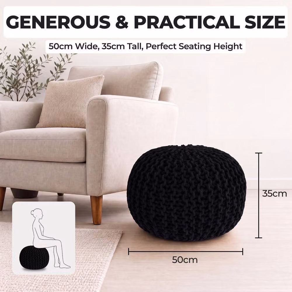 Bravich LTD Chunky Knitted Cotton Pouffe Footstool in Black, Diameter: 50 cm – 5