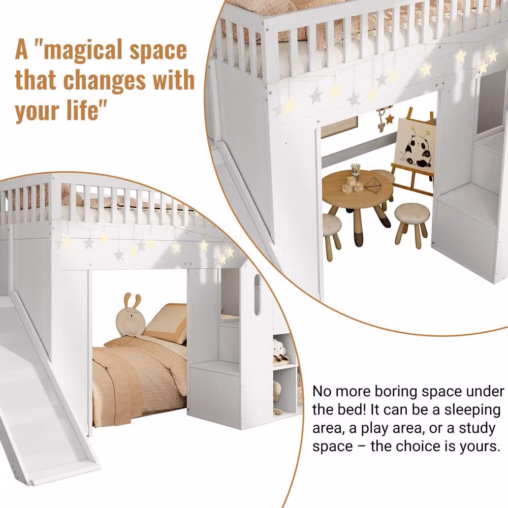 BTM Childrens Single Bunk Loft Bed in White with Storage Stairs and Under-Bed LED Lighting – 2
